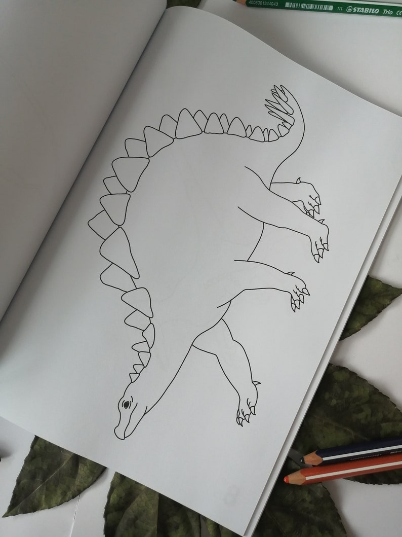 May include: A black and white line drawing of a Stegosaurus dinosaur on a white page. The dinosaur is viewed from above, with its distinctive plates along its back and a long tail. The image is from a coloring book.