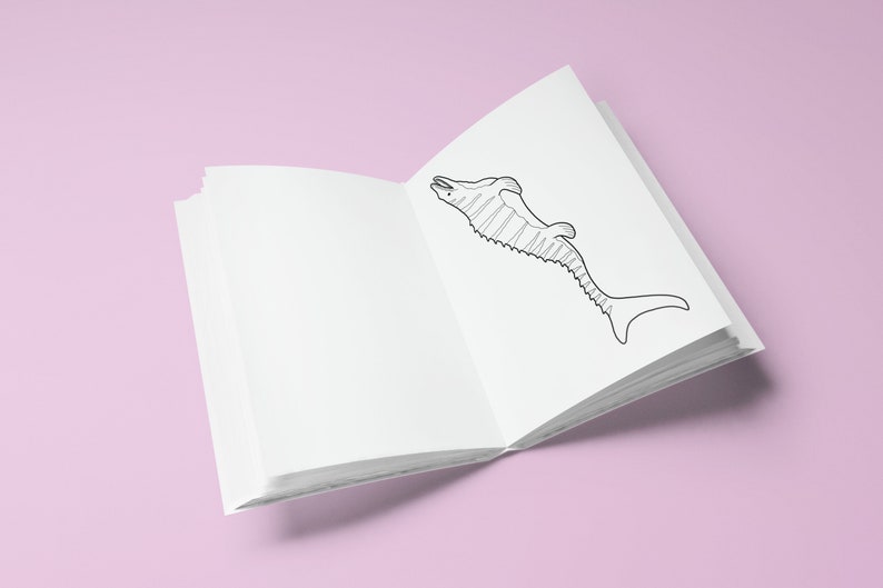 May include: An open colouring book with a black and white illustration of a fish on the right page. The book is on a pink surface.