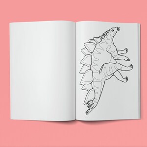 May include: A black and white line drawing of a dinosaur in a colouring book. The dinosaur has a long neck, a spiky back, and a long tail.