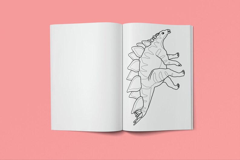 May include: A black and white line drawing of a dinosaur in a colouring book. The dinosaur has a long neck, a spiky back, and a long tail.
