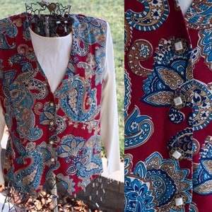 Vintage 80s Southern Lady Long Sleeve Red, Blue, and Gold Paisley Attached Vest Blouse with Pearlescent Buttons | Size 8