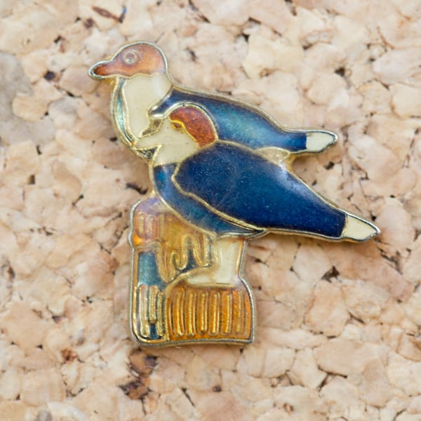 Vintage Two Birds Hard Enamel Lapel Pin Back - Retro Novelty Blue Yellow Bird Pinback - 70s 80s - Seagull Beach Sitting Dock Of The Bay