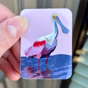 Roseate Spoonbill Vinyl Bird Sticker: Glossy, Waterproof, Rounded Corner Rectangle