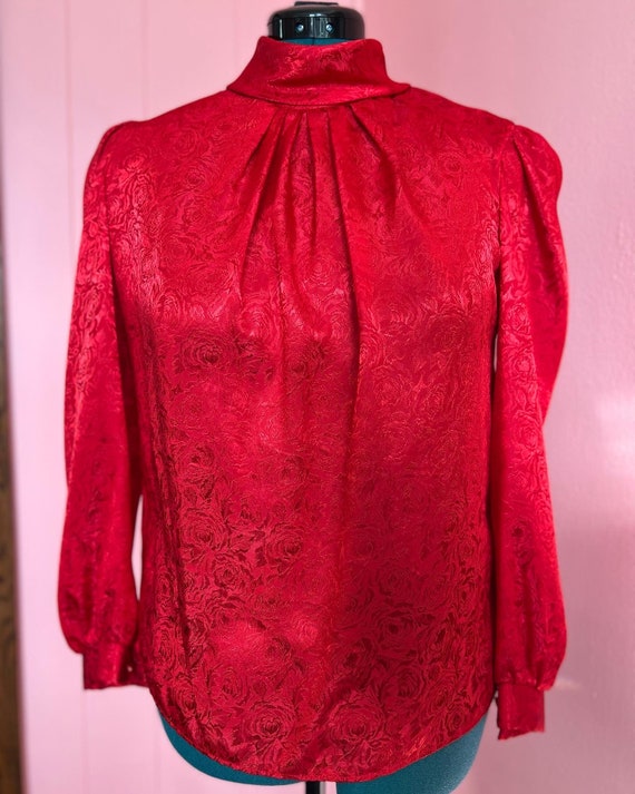 1980’s Ellen D Kollection Red Floral Satin Large … - image 1