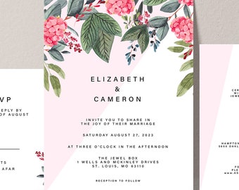 Printable Floral Pink Wedding Invitation Suite, Flower Wedding Invitations, Wedding Invite, Wedding Invites, DIY Template, RSVP Details Card