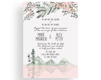 Printable pink forest wedding invitation, forest wedding invitations, forest wedding invite, forest wedding invites, digital download kit