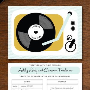 Printable record player wedding invitation, retro wedding invitations, retro music theme, digital download kit, vinyl record invitation