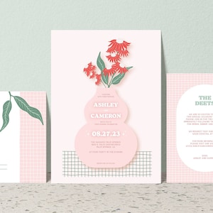 Suite imprimable de faire-part de mariage floral rétro, faire-part de mariage rose groovy, mariage vintage, mariage des années 70, mariage des années 60, chronologie, carte RSVP