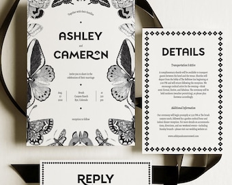 Printable Modern Black and White Butterfly Wedding Invitations, Nature invitation suite, DIY Invites, Customizable, Insects Bugs, Unique