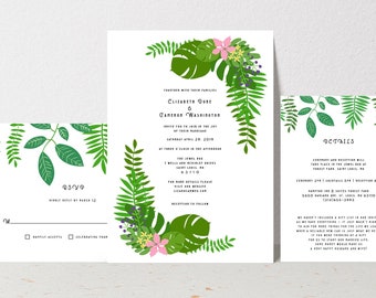 Printed Tropical Monstera Leaf Wedding Invitation, Wedding Invitations, Beach Wedding Invites, Destination Wedding Invite, Invitation Suite