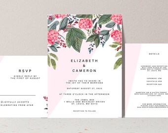 Printed Floral Pink Wedding Invitation Suite, Flower Wedding Invitations, Summer Floral Invite, Spring Garden Wedding, RSVP Card, Details