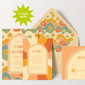 Printable Orange Floral Retro Wedding Invitation Suite, Groovy 60s 70s Wedding Invites, Drink Coasters, RSVP, Menu, Table Number