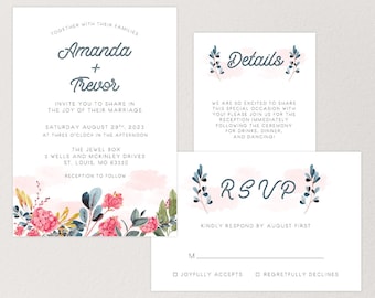 Printed Pink Floral Wedding Invitation Suite, Navy Pink Invitations, Flower Wedding Invite, Watercolor, Summer, Spring, Garden, RSVP Card
