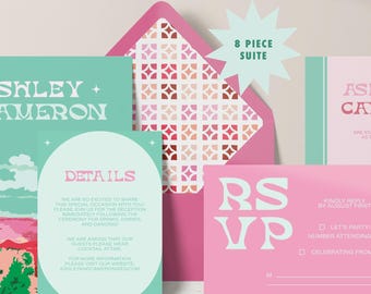 Printable Retro Grand Canyon Wedding Invitation Suite, Pink Southwest Wedding Invites, Desert Wedding, 70s Wedding, Arizona Wedding, RSVP