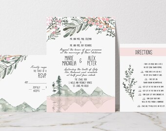 Suite imprimable de faire-part de mariage rustique, faire-part de mariage en montagne, kit de téléchargement numérique, mariage floral, forêt, cartes RSVP, cartes de détails