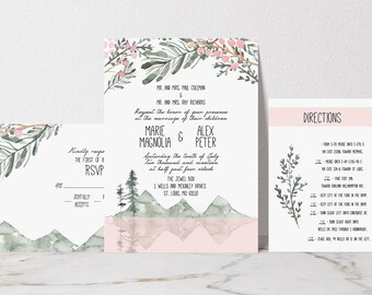 Printable Rustic Wedding Invitation Suite, Mountain Wedding Invites, Digital Download Kit, Floral Wedding, Forest, RSVP Cards, Details Cards