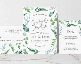 Printed Greenery Wedding Invitation Suite, Blue Green Foliage Wedding Invite, Summer, Spring, Garden, RSVP Card, Green, Save the Date, Menu