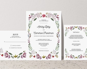 Printed Floral Rose Wedding Invitation Suite, Pink Mauve Flower Wedding Invitations, Garden, Summer, Spring, RSVP Card, Details, Custom