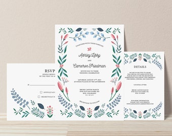 Printed Pink and Blue Floral Wedding Invitation Suite, Flower Invites, Garden Wedding, Summer Wedding, Spring Wedding, Save the Date, RSVP