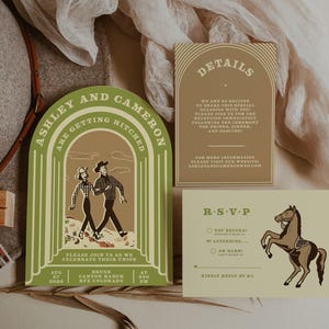 Printable Western Wedding Invitation Suite, Retro Cowboy Theme, Customizable, Unique Country RSVP & Details, Retro, Quirky, Vintage, Dessert
