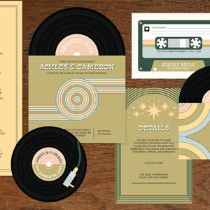 May include: A collection of retro-themed wedding stationery, including invitations, RSVP cards, and a menu. The design features vinyl records, a cassette tape, and a color palette of beige, green, and pastel hues. The invitation includes the names "Ashley & Cameron".