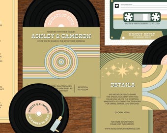 Printable Funky Retro Record Player Wedding Invitation Suite, 70s Groovy Wedding Invites, Vintage, 60s Wedding, Unique, Indie, Arch Invite