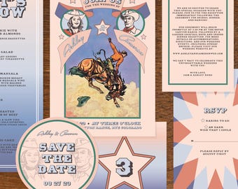 Printable Western Wedding Invitation Suite, Retro Cowboy Theme, Customizable, Unique Country RSVP & Details, Retro, Quirky, Vintage, Rodeo