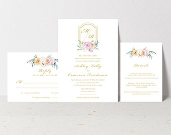 Printed Floral Gold Crest Wedding Invitation, Classy Wedding Invitations, Sophisticated Wedding Invites, Classic, Flowers, Spring Wedding