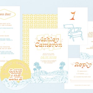 Palm Spring Hochzeitseinladung Set Retro, Mid Century Modern Einladungen, Strandhochzeit in Kalifornien, Wüste Hochzeit, Antwortkarte, Menü