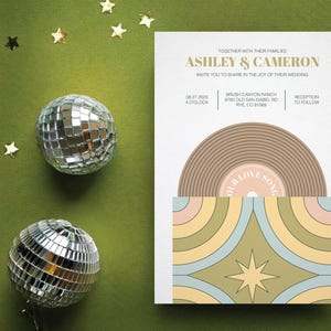 Suite imprimable de faire-part de mariage pour tourne-disque rétro funky, invitations de mariage groovy des années 70, mariage vintage, mariage des années 60, cartes Save the Date