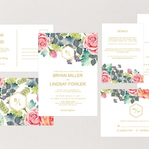 Suite di inviti per matrimonio con rose floreali stampabili, inviti con fiori rosa, inviti estivi, inviti primaverili, Save the Date, dettagli, RSVP per cartoline