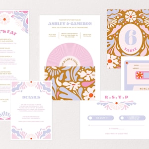 Afdrukbare funky retro platenspeler bruiloft uitnodigingssuite, jaren 70 groovy huwelijksuitnodigingen, vintage bloemen, jaren 60 bruiloft, save the date-kaarten