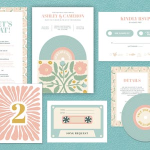 Printable Funky Floral Record Player Wedding Invitation Suite, Fun Flower Wedding Invite, Vintage Wedding, Music Theme Wedding, Retro Unique