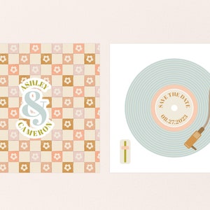 Afdrukbare platenspeler Save the Date-kaart, vintage vinylmuziek, unieke huwelijksuitnodiging, bloemenuitnodigingen, muziek bruiloft Save the Date