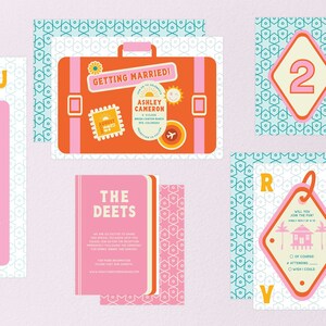 Suite di inviti per matrimonio a destinazione colorati stampabili, festa in piscina per vacanze sulla spiaggia tropicale a Palm Springs, invito personalizzabile rosa turchese