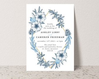 Printed Blue Gold Modern Floral Wedding Invitation, Blue Floral Wedding Invitations, Blue Floral Wedding Invite, Blue Floral Wedding Invites