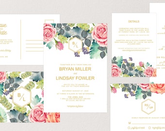 Printable Floral Rose Wedding Invitation Suite, Pink Flower Invite, Summer Invitations, Spring Invites, Save the Date, Detail, Postcard RSVP