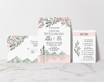 Printed Pink Rustic Wedding Invitation Suite, Rustic Wedding Invitations, Rustic Wedding Invites, Wedding Invite, RSVP Cards, Details Cards