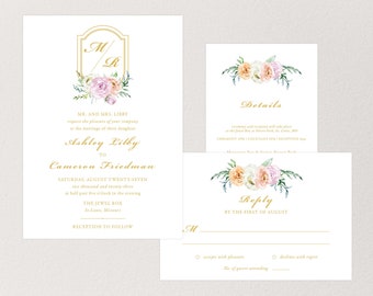 Printable Floral Gold Crest Wedding Invitation, Classic Wedding Invitations, Sophisticated Wedding Invite, Digital Download, Custom Monogram