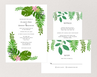 Printable Tropical Leaf Wedding Invitation Suite, Destination Wedding Invites, Beach Wedding, Florida Wedding digital download kit, template