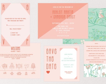 Printable Modern Coral and Mint Green Wedding Invitation Suite, Retro Wedding Invites, Floral Wedding, Garden Wedding, Wedding Timeline