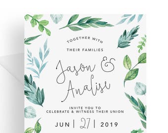 Printed leafy Wedding Invitations, Green Floral Wedding Invites, Spring, Flower, Simple Invitation, Greenery, Spring and Summer