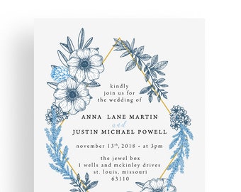 Printable modern floral wedding invitation, floral blue and gold printable invitations, digital download wedding invite, diy wedding invites