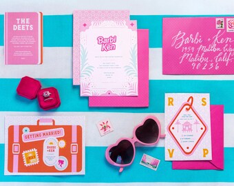 Printable Colorful Barbi Inspired Wedding Invitation Suite, Beach Tropical Palm Springs Vacation Pool Party, Pink Turquoise, Invite, Coaster