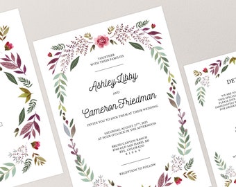 Suite imprimable de faire-part de mariage floral rose, faire-part de mariage floral mauve, téléchargement numérique, floral rose, fleurs bordeaux, cartes RSVP