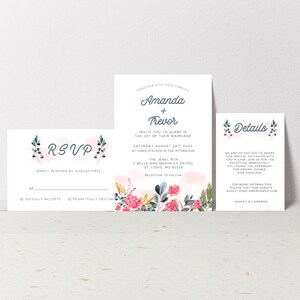 Printable Floral Wedding Invitation Suite, Navy and Pink Flower ...
