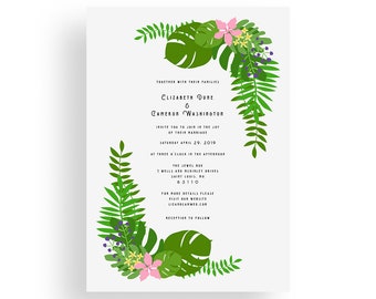 Printable tropical leaf wedding invitation, Destination wedding invites, Beach wedding invitations, digital download kit, template, floral