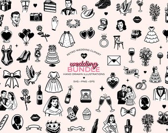 Retro Wedding Clipart Bundle | 75+ Hand Drawn Wedding Illustration, Vintage Bride & Groom SVG PNG EPS, Invitation diy download, Canva, Retro