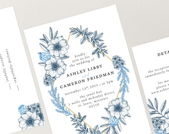 Printed Blue Modern Floral Wedding Invitation Suite, Flower Diamond Invite, Summer Wedding, Spring Wedding, Garden, RSVP Card, Details, Menu