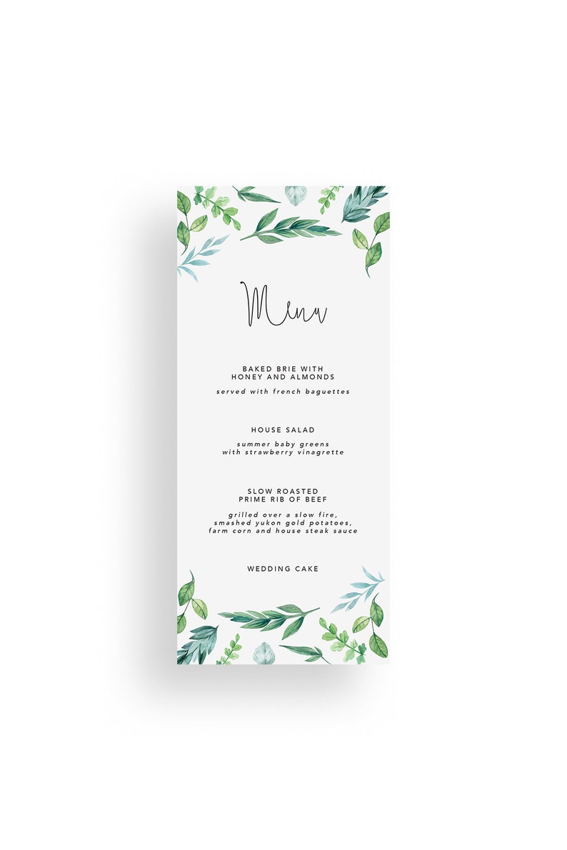 Printed Green Floral Wedding Menus Greenery Wedding Menu Etsy